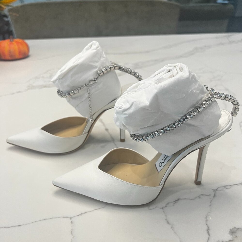 Jimmy Choo White Saeda Crystal Ankle Strap Pointed Toe Heels - US Women’s Size 5
